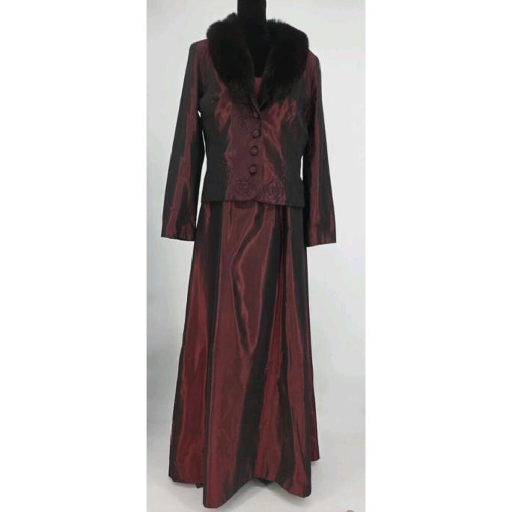 Kay Unger Burgundy Gown W/ Matching Fox Fur Collar Embroidered Jacket 12